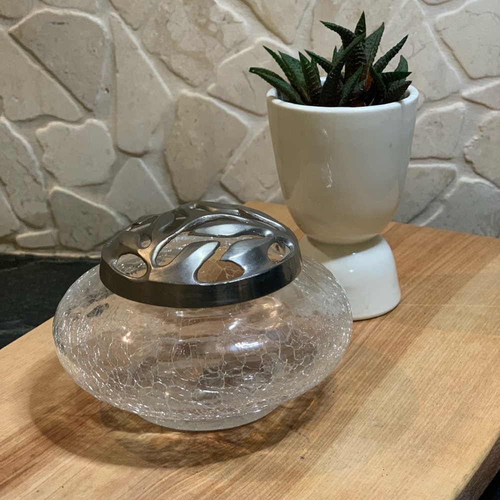 VINTAGE | Crackle Glass with Metal Lid Potpourri Bowl